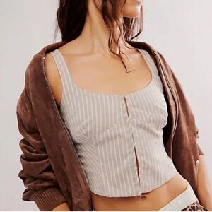 Free People Cream and Light Gray Striped Scoop Neck Cropped Cami